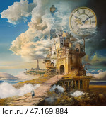 A surreal image filled with symbolism and fantasy. In the foreground, a man walks along an ancient stone road leading to a majestic castle built right in the clouds. The architecture of the building resembles a mixture of medieval and fairy-tale styles, with arches, towers and bridges. The castle seems to float in the air, surrounded by clouds.In the background, a clock with Roman numerals is visible, dissolving into the sky, which symbolizes the concept of time, eternity and the illusory nature of reality. There are floating elements in the sky, including parts of buildings, as well as distant spires and towers, which creates a sense of mysticism. The painting is done in warm golden and sky-blue shades, creating an effect of mystery and magic. Стоковое AI-изображение, AI-художник Анна Кривицкая / Фотобанк Лори
