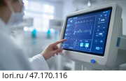 High-tech diagnostic equipment displays vital patient data in hospital lab setting for health professionals. Медицинский персонал анализирует данные пациентов на современном диагностическом оборудовании в больничной лаборатории, обеспечивая точную оценку состояния здоровья и своевременное вмешательство. Стоковое AI-изображение, AI-художник Katsiaryna Repich / Фотобанк Лори