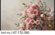 romantic setting enhanced by beautiful pink flower arrangement on wedding table, romantic colors adding charm, romantic design admired globally, romantic floral art inspiring creativity. Стоковое AI-видео, аниматор Анна Маркина / Фотобанк Лори
