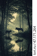 Two wolves in a dense forest, standing by a small pond. One wolf is standing on the shore, the other is in the water. Their reflections are clearly visible on the surface of the pond, creating an atmosphere of mysticism and mystery. The forest looks dark and mysterious, illuminated by diffused light breaking through the foliage of the trees. The painting is done in muted, green-gray tones, which enhances the feeling of wild nature and magical realism. Стоковое AI-изображение, AI-художник Анна Кривицкая / Фотобанк Лори