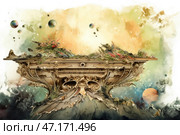 A majestic architectural structure reminiscent of a baroque console or an antique cornice, but stylized as a futuristic landscape. Its surface is covered with lush vegetation, flowers and moss, as if symbolizing the fusion of nature and art. Planets and celestial bodies hover around the structure, creating the effect of a space fantasy scene. The background is filled with soft pastel shades of yellow, green and blue, giving the painting an airy feel and a sense of dreamlike unreality. The composition balances between classical architectural aesthetics and a futuristic world, creating the impression of a lost world or a fragment of an ancient civilization floating in space. Стоковое AI-изображение, AI-художник Анна Кривицкая / Фотобанк Лори