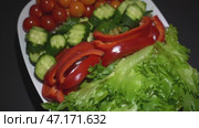 A plate of vegetables including tomatoes, cucumbers, and lettuce. Стоковое видео, видеограф Скрипачев Антон / Фотобанк Лори