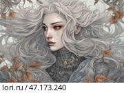 A girl with long, wavy silver-white hair that seems to come alive, seamlessly intertwining with the environment. Her face is refined, with aristocratic features, deep thoughtful eyes and a light pattern on her cheek, reminiscent of a tattoo or a magical sign. She is dressed in an exquisite dress with patterns reminiscent of vintage fabrics covered with complex floral patterns.Dry autumn leaves fly around her, creating a feeling of calm, slight melancholy and connection with nature. The color scheme is cool and pastel, combining shades of gray, silver and blue, with accents of warm brown from the leaves. The whole image resembles a fairy-tale or mythical entity - a forest fairy, the spirit of winter or the goddess of the wind. Стоковое AI-изображение, AI-художник Анна Кривицкая / Фотобанк Лори