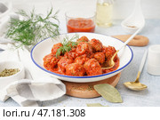 Миска вкусных фрикаделек с томатным соусом и укропом на белом фоне. Стоковое фото, фотограф Pixel_shot / Фотобанк Лори