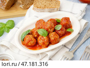 Тарелка вкусных фрикаделек в томатном соусе с базиликом на сером столе. Стоковое фото, фотограф Pixel_shot / Фотобанк Лори