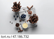 Композиция с вкусными шоколадными вафельными трубочками, черникой, сгущенным молоком и кофейными зернами на сером фоне. Стоковое фото, фотограф Pixel_shot / Фотобанк Лори