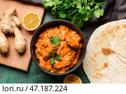 Чаша вкусной курицы тикка масала на цветном фоне. Стоковое фото, фотограф Pixel_shot / Фотобанк Лори