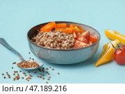 Тарелка вкусной гречневой каши со свежими овощами на синем фоне. Стоковое фото, фотограф Pixel_shot / Фотобанк Лори