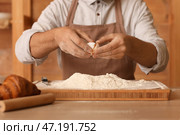 Мужчина-пекарь разбивает яйцо для теста за столом на кухне, крупным планом. Стоковое фото, фотограф Pixel_shot / Фотобанк Лори