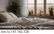 The interior of a modern house. A minimalistic cozy beige bedroom interior with a plaid, pillows, a headboard, linen linens and a bedside table. Стоковое AI-изображение, AI-художник Photojuli / Фотобанк Лори