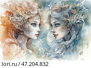 A magical watercolor painting of two female faces facing each other. It is executed in a delicate, airy manner with smooth color transitions and a combination of warm (golden-orange) and cold (blue-silver) shades. The girls look like elementals of the elements - one represents fire and earth, and the other - water and air. Their hair smoothly turns into fantasy patterns reminiscent of water splashes, smoke or wind, creating a sense of merging elements. Their looks are filled with mystery and wisdom, and their skin is decorated with subtle patterns, like natural signs. The painting conveys a sense of harmony, opposition and connection between the forces of nature. Стоковое AI-изображение, AI-художник Анна Кривицкая / Фотобанк Лори