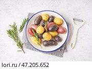 Тарелка с различным сырым картофелем, розмарином и овощечисткой на светлом фоне. Стоковое фото, фотограф Pixel_shot / Фотобанк Лори