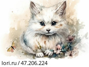 The watercolor illustration depicts a charming fluffy kitten with soft snow-white fur and expressive blue eyes. His gaze is full of innocence and curiosity, as if he has just noticed something interesting. Next to him are delicate flowers of pastel shades, and in the corner a light butterfly flutters, creating an atmosphere of coziness and magic. The background is made in blurred beige and brown tones, which gives the image airiness and lightness. The picture is filled with warmth and tenderness, conveying a feeling of calm and joy from contemplating nature. Стоковое AI-изображение, AI-художник Анна Кривицкая / Фотобанк Лори