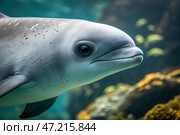 East Asian harbour porpoise. Rare, endangered animals are on the verge of extinction. Marine mammals. Underwater photo of a harbor porpoise swimming in the sea. Стоковое AI-изображение, AI-художник Анна Сивакова / Фотобанк Лори
