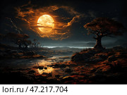 A mesmerizing night landscape with a huge full moon shining in the dark sky, surrounded by broken clouds. The moonlight colors the scene in mystical golden-orange hues, reflecting in the water in the foreground. The ground is covered with reddish grass and moss, creating a contrast between the warmth of the light and the deep darkness of the surrounding landscape.The composition highlights the lonely twisted trees with dense crowns, whose branches stretch towards the sky, as if engulfed by an unknown energy. In the distance, silhouettes of mountains and a thick haze are visible, giving the picture an air of mystery. Tiny glowing particles float in the air, similar to lights or magical creatures.This scene creates a feeling of mysticism, ancient powers and a premonition of something unusual. Стоковое AI-изображение, AI-художник Анна Кривицкая / Фотобанк Лори