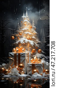 A magical winter scene with a magnificent Christmas tree covered in fluffy snow and decorated with golden baubles and twinkling lights. In front of the tree are luxurious gifts in elegant silver-white packages with golden ribbons and bows. Snowflakes and sparkling decorations are scattered around.A fairytale Gothic castle with pointed towers rises in the background, immersed in soft light. The night sky is strewn with falling luminous drops, similar to slow snowflakes or magical rain. The overall atmosphere combines grandeur, winter magic and Christmas miracle. Стоковое AI-изображение, AI-художник Анна Кривицкая / Фотобанк Лори