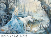Fairytale scene: a young girl in a long blue dress sits next to a white horse against the backdrop of a snowy winter forest. Her light hair is decorated with a fur cap with feathers, which gives her image an aristocratic and sophisticated look. In her hands she holds a sword, symbolizing strength and determination, but her pose and look convey thoughtfulness and calm.The background consists of a mysterious winter forest with winding trees, their branches covered with frost, and soft light penetrates through the fog, creating an atmosphere of fairy tale and magic. A clear river flows nearby, reflecting the delicate shades of a cold winter day.The composition conveys a sense of a magical world, combining fragility and strength, and also symbolizes a moment of choice, transition or reflection before an important event. Стоковое AI-изображение, AI-художник Анна Кривицкая / Фотобанк Лори