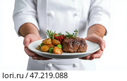 Chef carefully plating a gourmet dish with precision and attention to detail in a well-lit kitchen. Шеф-повар аккуратно сервирует изысканное блюдо с точностью и вниманием к деталям на хорошо освещенной кухне. Стоковое AI-изображение, AI-художник Katsiaryna Repich / Фотобанк Лори