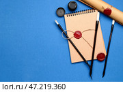 Принадлежности для занятий каллиграфией на цветном фоне. Стоковое фото, фотограф Pixel_shot / Фотобанк Лори