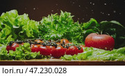 A delightful combination of fresh salad ingredients, featuring vibrant tomatoes and crisp lettuce. Стоковое видео, видеограф Владимир Ковальчук / Фотобанк Лори