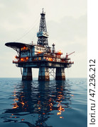 Буровая платформа для бурения скважин в море. Добыча нефти и газа на морском шельфе. Drilling platform for drilling wells in the sea. Oil and gas production on the sea shelf. Стоковое AI-изображение, AI-художник Гер Олег / Фотобанк Лори