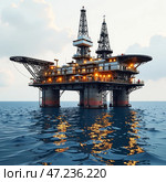 Буровая платформа для бурения скважин в море. Добыча нефти и газа на морском шельфе. Drilling platform for drilling wells in the sea. Oil and gas production on the sea shelf. Стоковое AI-изображение, AI-художник Гер Олег / Фотобанк Лори