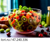 Иллюстрация чаши с салатом из моркови,клюквы,киви,проросшего кунжута. Стоковое AI-изображение, AI-художник ольга скальская / Фотобанк Лори