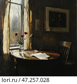 A secluded room filled with an atmosphere of nostalgia and thoughtfulness. The central place is occupied by an old wooden table on which scattered papers and a small glass vase with red roses lie. Light comes through a narrow window covered with translucent curtains that gently sway in the wind. A dark painting of a figure in shadow hangs on the wall, adding a sense of mystery and deep thoughtfulness. Distressed wooden furniture and laconic details convey the spirit of an old house or creative studio, leaving space for reflection. Стоковое AI-изображение, AI-художник Анна Кривицкая / Фотобанк Лори