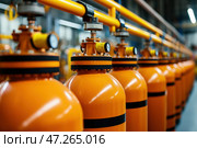Orange gas tanks. Bundle of gas cylinder and high pressure gauges, meter, valve. Many argon cylinders with compressed oxygen for industry, welding. Fuel manufacturing. Liquefied gas production factory. Стоковое AI-изображение, AI-художник Марина Демидюк / Фотобанк Лори
