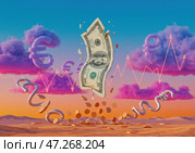 Сюрреалистическая сцена с падающей банкнотой, монетами и облаками, иллюстрирующими явление шкринфляции и экономическую волну. Стоковое AI-изображение, AI-художник Сергей Никифоров-Гордеев / Фотобанк Лори