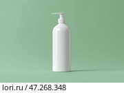 White cosmetic plastic bottle with pump packaging for cream, lotion, medicine, shampoo or liquid soap isolated on pastel pale green background. Blank skincare beauty product tube template. Empty jar. Стоковое AI-изображение, AI-художник Марина Демидюк / Фотобанк Лори
