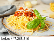 Вкусная паста болоньезе на тарелке, крупным планом. Стоковое фото, фотограф Pixel_shot / Фотобанк Лори