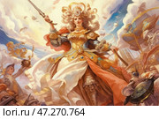 A majestic woman in luxurious armor, holding a sword in one hand and a scepter in the other. Her outfit is decorated with gold elements, furs and precious stones, which emphasizes her status as a ruler or warrior. Her pose is confident and proud, and around her a scene of a battle or a solemn procession unfolds. The background is full of dynamics - banners float in the air, clouds seem to rise, and troops and knights express their devotion. The painting is done in the Baroque or fantasy historicism style with rich detail. Стоковое AI-изображение, AI-художник Анна Кривицкая / Фотобанк Лори