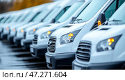 Fleet of white delivery vans lined up in a parking lot on a rainy day. Ряд белых фургонов припаркован вплотную друг к другу на стоянке. Стоковое AI-изображение, AI-художник Katsiaryna Repich / Фотобанк Лори