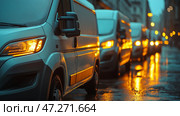Delivery vans lined up on a city street during twilight with reflections shimmering on wet pavement. В сумерках на одной из городских улиц припаркован ряд фургонов доставки. Мокрый тротуар отражает теплые огни близлежащих зданий, создавая яркую городскую атмосферу. Стоковое AI-изображение, AI-художник Katsiaryna Repich / Фотобанк Лори