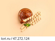 Вкусные вафельные трубочки, миска с вареной сгущенкой и мятой на бежевом фоне. Стоковое фото, фотограф Pixel_shot / Фотобанк Лори