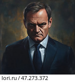 Portrait of a man in a strict classic suit with a white shirt and a dark tie. His facial expression is serious, with a piercing gaze that conveys strength and determination. The background is made in dark and warm shades, creating an atmosphere of formality and tension. The painting is done in a realistic style with an expressive texture of brushstrokes, which gives it an artistic character. Стоковое AI-изображение, AI-художник Анна Кривицкая / Фотобанк Лори