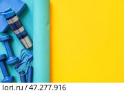 Коврик для йоги с различным спортивным инвентарем на желтом фоне. Стоковое фото, фотограф Pixel_shot / Фотобанк Лори