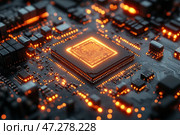 A chip with many parts and glowing elements. The central part is visible, which is the processor with bright light coming from many small dots creating a pattern. Electronic components on the board, such as capacitors and resistors, are surrounded by dense conductors. This photo conveys a futuristic atmosphere, and the glowing processor gives the impression of electricity flowing through the board. Стоковое AI-изображение, AI-художник Анна Кривицкая / Фотобанк Лори