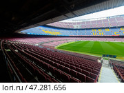 BARCELONA, SPAIN - MAY 23, 2021: View at field of football Nou Camp stadium. Редакционное фото, фотограф Яков Филимонов / Фотобанк Лори