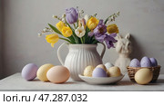 The concept of a bright Easter holiday. Retro home interior with Easter decor. Spring flowers in a white vase and Easter eggs in pastel shades. Стоковое AI-изображение, AI-художник Photojuli / Фотобанк Лори
