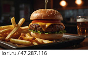 Close-up of a juicy beef burger, French fries, and a glass of beer. The concept of fast food and fast food. Стоковое AI-изображение, AI-художник Photojuli / Фотобанк Лори