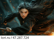 Witch in a dark forest. Halloween. Fantasy. Horror.. Ведьма в темном лесу. Хэллоуин. Фэнтези. Ужасы. Стоковое AI-изображение, AI-художник Katsiaryna Repich / Фотобанк Лори
