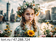 Portrait of a young girl. A conceptual artistic close-up shot against the background of a city with double exposure and visual effects. An advertising move. Стоковое AI-изображение, AI-художник Photojuli / Фотобанк Лори