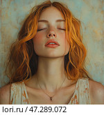 A young girl with red wavy hair, freckles and delicate skin. Her eyes are closed, her lips are slightly parted, and her facial expression conveys calm and peace. The background is done in warm pastel colors, reminiscent of an old fresco or oil painting. The girl is dressed in a light dress with a floral pattern, and a thin gold chain with a pendant hangs around her neck. The atmosphere of the portrait creates a feeling of romance, naturalness and slight nostalgia. Стоковое AI-изображение, AI-художник Анна Кривицкая / Фотобанк Лори