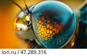 Detailed close-up of a vibrant dragonfly showcasing intricate eye. Стоковое AI-изображение, AI-художник Михаил Коханчиков / Фотобанк Лори