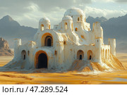 A mysterious structure in the desert, reminiscent of an ancient temple or an abandoned palace. The architecture includes domes and arched entrances covered in white plaster, which in places has crumbled, revealing a sandy base. The building seems to grow out of the desert itself, merging with the surrounding landscape. The background consists of mountain ranges and a cloudy sky, creating a dramatic atmosphere. The whole image is filled with a sense of antiquity, mystery and mysticism. Стоковое AI-изображение, AI-художник Анна Кривицкая / Фотобанк Лори