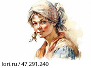 A young girl in traditional clothing, painted in watercolor. Her face is expressive, with a slight smile and blush on her cheeks, and her eyes look straight at the viewer with a warm, friendly expression. The girl's hair is gathered under a light scarf with ties, slightly disheveled, which gives the image naturalness and simplicity. The clothes consist of a light shirt and a vest in warm colors, creating a feeling of village life and historical flavor. The background is done in a light, watercolor manner, creating a feeling of lightness and airiness. Стоковое AI-изображение, AI-художник Анна Кривицкая / Фотобанк Лори