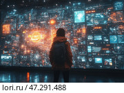 A figure of a man in an orange jacket and backpack standing in front of a giant digital wall filled with a lot of data, graphs, maps and technological elements. The wall glows in blue and orange tones, creating a cyberpunk atmosphere. It is a futuristic scene that conveys a sense of technological superiority, information control or exploration of digital space. Стоковое AI-изображение, AI-художник Анна Кривицкая / Фотобанк Лори