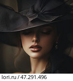 An elegant woman in a luxurious black hat with a wide brim and a large bow. Her face is partially hidden in shadow, her eyes are lowered, and her lips are slightly parted, creating an atmosphere of mystery and sensuality. The dark shades of her outfit and accessories emphasize her aristocratic sophistication. The soft light makes her skin velvety, and her gaze, although hidden, is filled with mystery. The photo is made in the style of retro Hollywood glamour, reminiscent of the era of the 40s and 50s. Стоковое AI-изображение, AI-художник Анна Кривицкая / Фотобанк Лори
